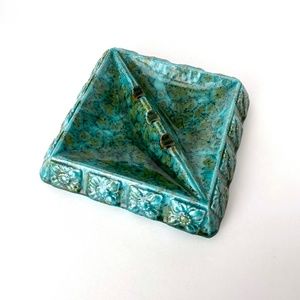 Vintage Unique Teal Ashtray - Glazed Ceramic - Artist Signed H. Kubon - Handmade